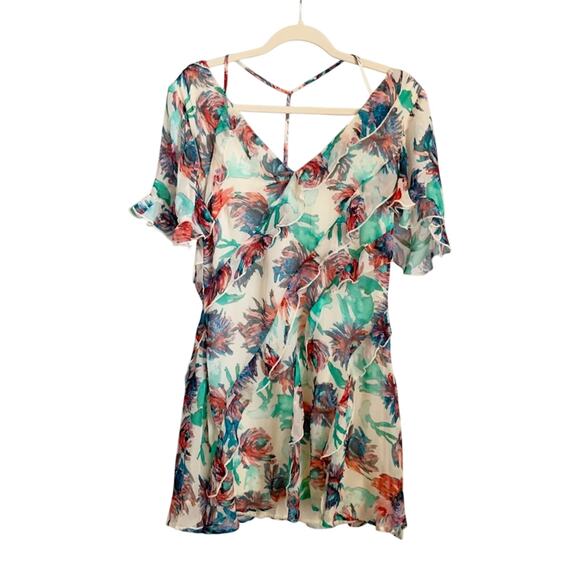 Anthropologie Soft Printed Ruffle Mini Dress NEW XS White Green Blue - Picture 2 of 8